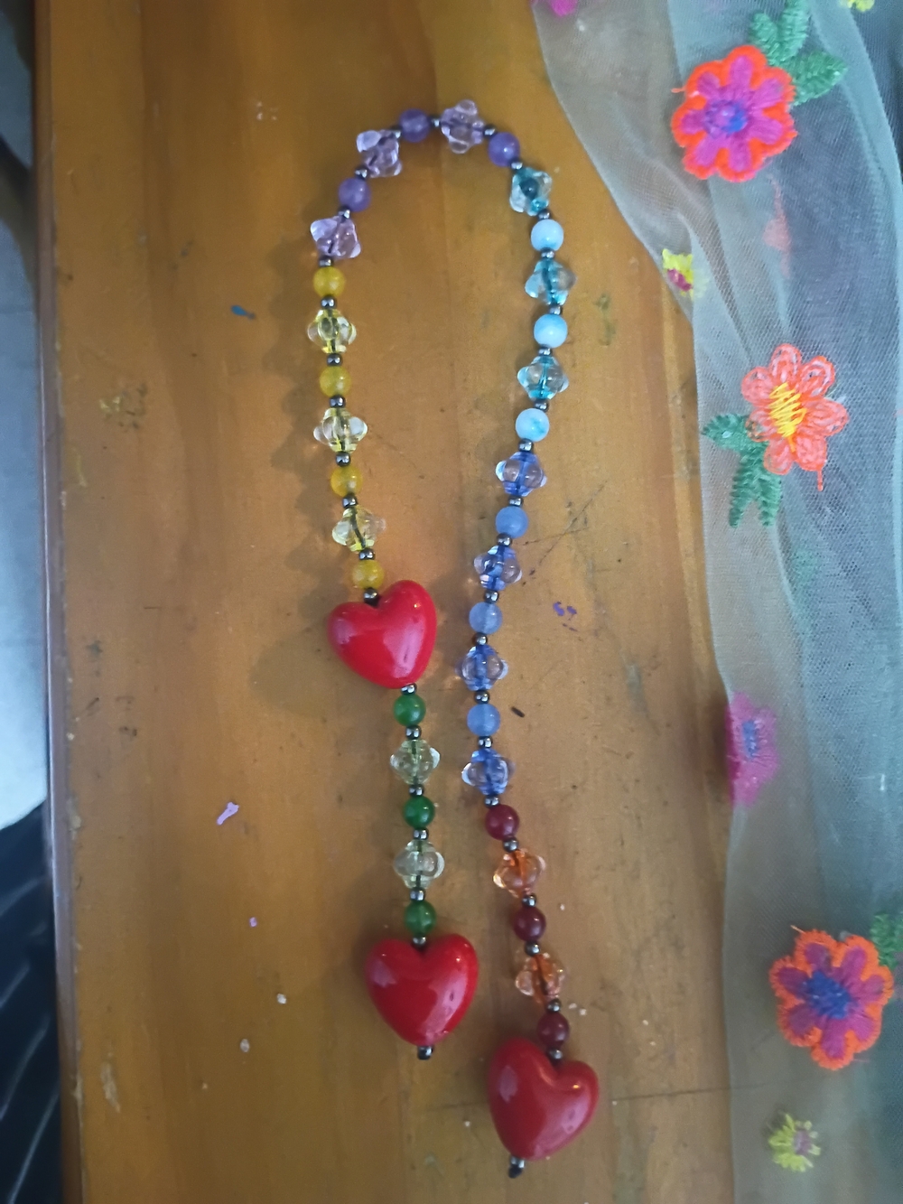 Handmade Multicolor Beaded Necklace with Red Heart Pendant